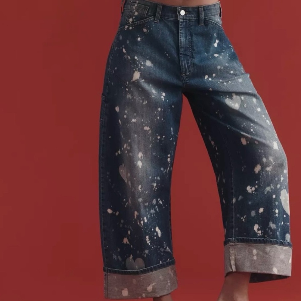 Pilcro Blue Denim Wide-Leg barrel Jeans with Bleach Heart Details